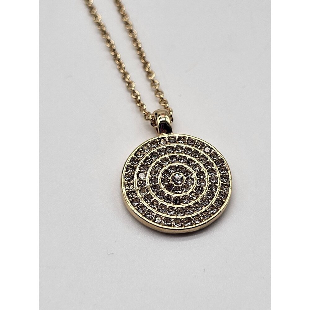 Gold Tone Medallion Pendant Necklace Spiral Circle with Rhinestones Minimalist C